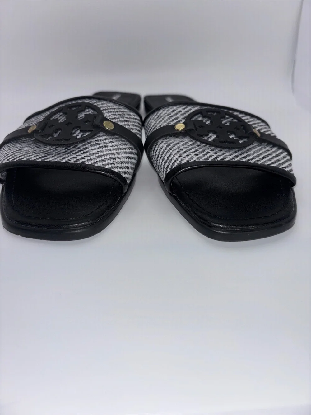 Tory Burch Black & White Logo Tweed Slide Sandals
